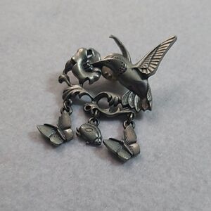 Hummingbird Three dangling Butterfly Flower Silver Tone Metal Marked LCD